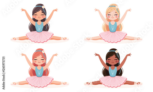 Set of different pretty ballerina girl in pink and blue dress doing the splits on white background. Poster, Banner, Flyer, Greeting Card. Vector illustration in flat cartoon style