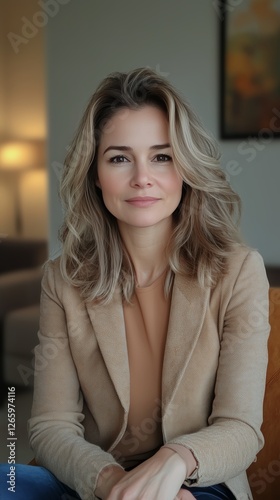 Professional woman with shoulder-length hair poses confidently indoors in a c...