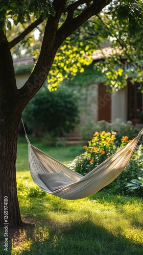 Relaxing hammock nestled in a tranquil garden on a sunny day