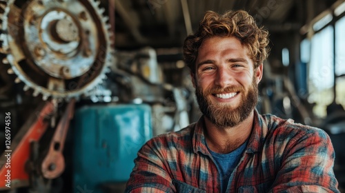Wallpaper Mural A smiling farmer leans against agricultural machinery in a barn, embodying the essence of hard work and dedication while showcasing pride in his farming lifestyle. Torontodigital.ca