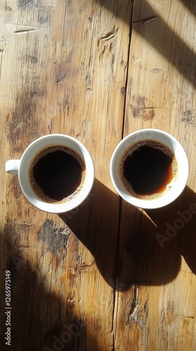 Warm coffee cups on a rustic wooden table during morning light