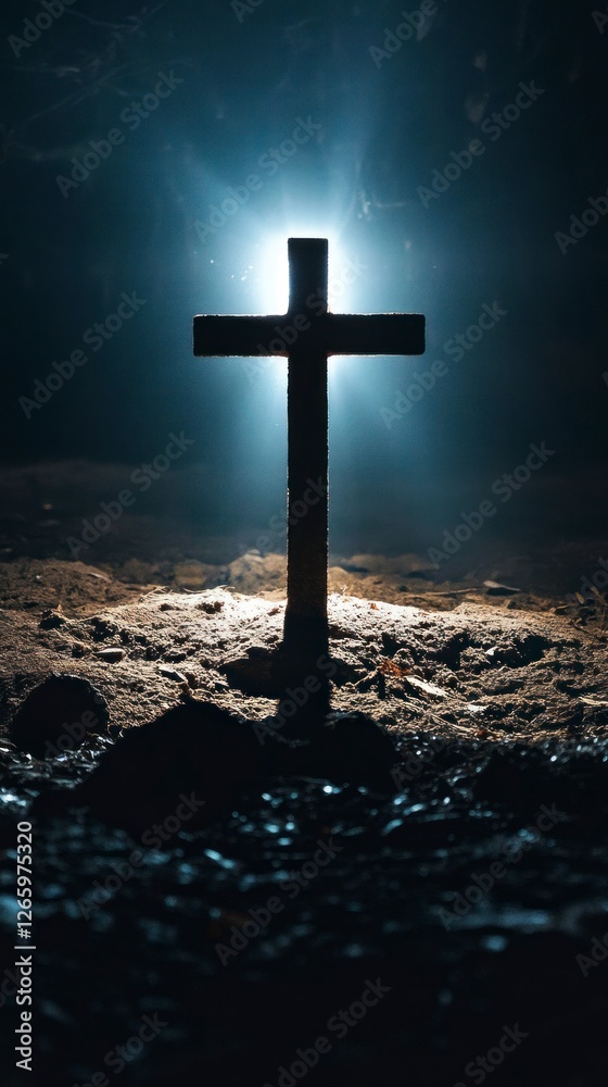 Naklejka premium Cross shining with light from above, illuminating the darkness below. The background is dark and gloomy. 