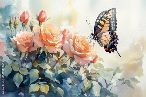 Beautiful butterfly hovering over delicate pink roses in a garden during sunn...