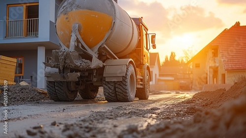 A volumetric concrete mixer delivering and offloading concrete on demand at a residential site in the afternoon light