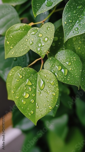 Raindrops glisten on vibrant green leaves in a lush garden during a peaceful ...
