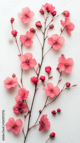 Beautiful pink cherry blossom branches arranged artistically on a white backg...