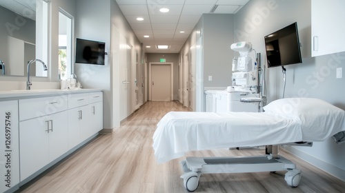A bright and clean hospital corridor features modern design elements and a hospital bed, symbolizing health, care, and the promise of healing in sterile settings. photo