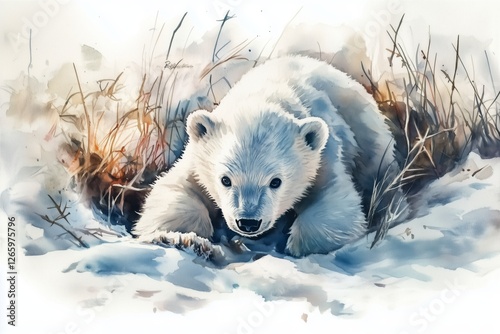 Polar bear cub crawling through snow during winter in a natural habitat