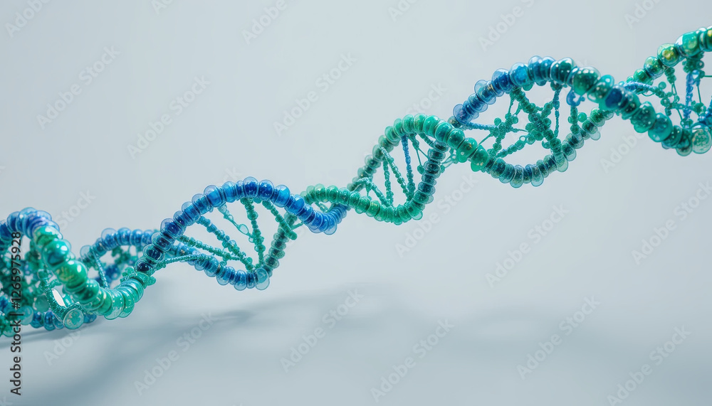 A vibrant double helix model showcases detailed strands of DNA in shades of blue and green, elegantly twisting against a light backdrop, highlighting the complexity of genetic material A vibrant double helix model showcases detailed strands of DNA in shades of blue and green, elegantly twisting against a light backdrop, highlighting the complexity of genetic material