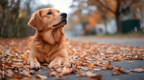 A golden retriever lying on a quiet autumn path, surrounded by fallen leaves, evoking feelings of peace and companionship in a tranquil outdoor environment.