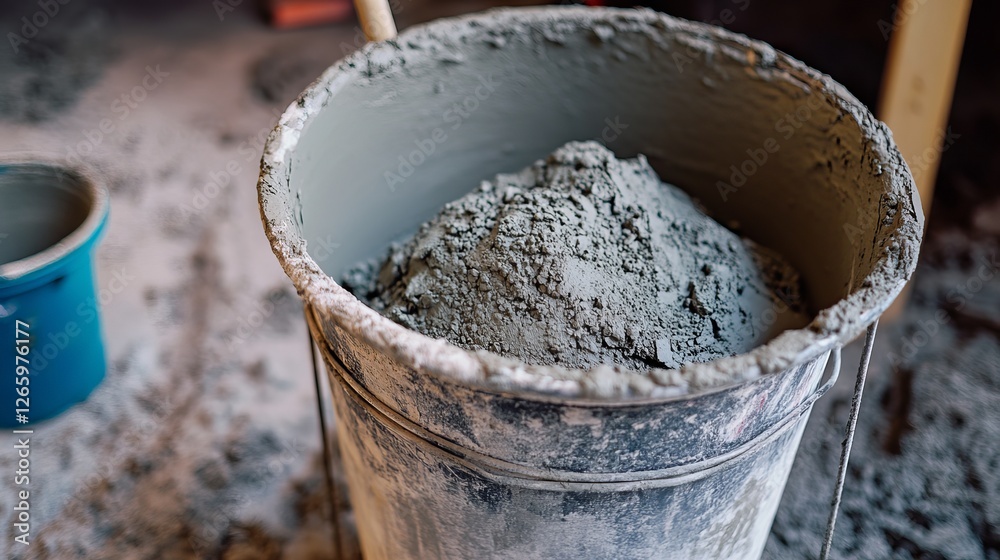 Cement mixture is prepared in a bucket, ready for use in masonry and plastering applications on a construction site Cement mixture is prepared in a bucket, ready for use in masonry and plastering applications on a construction site
