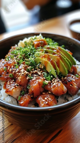 Delicious poke bowl with fresh ingredients served at a sushi restaurant