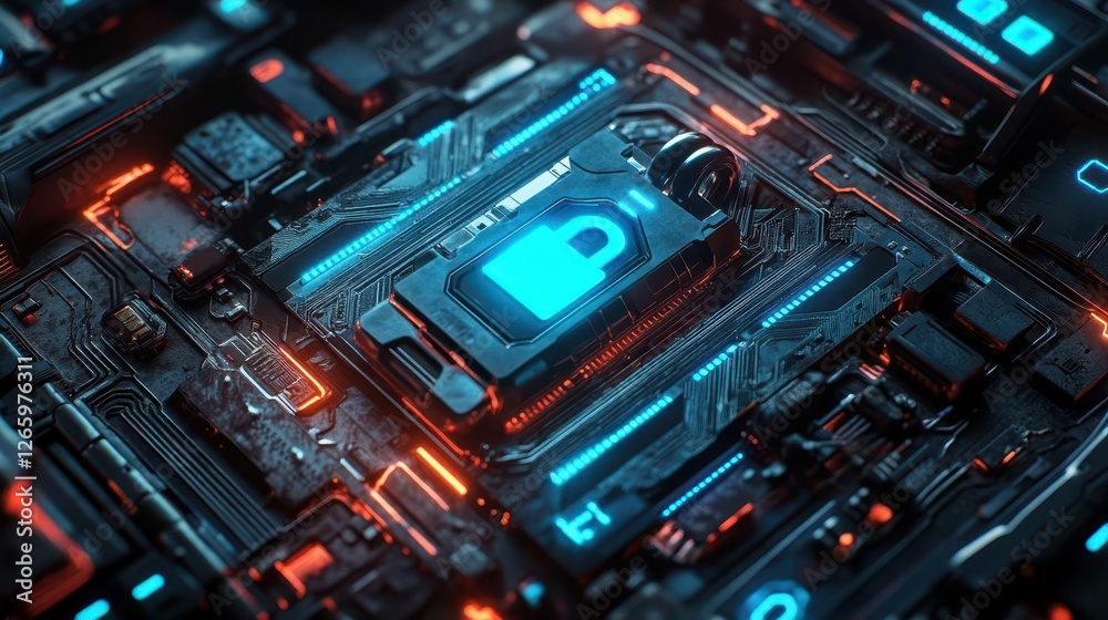 Digital Illustration of Glowing Padlock on Circuit Board Representing Cybersecurity