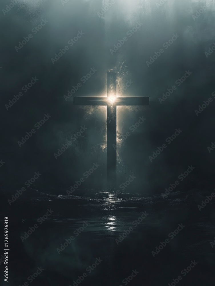 Naklejka premium A cross, shining in the darkness, with light emanating from it. The background is dark and simple.