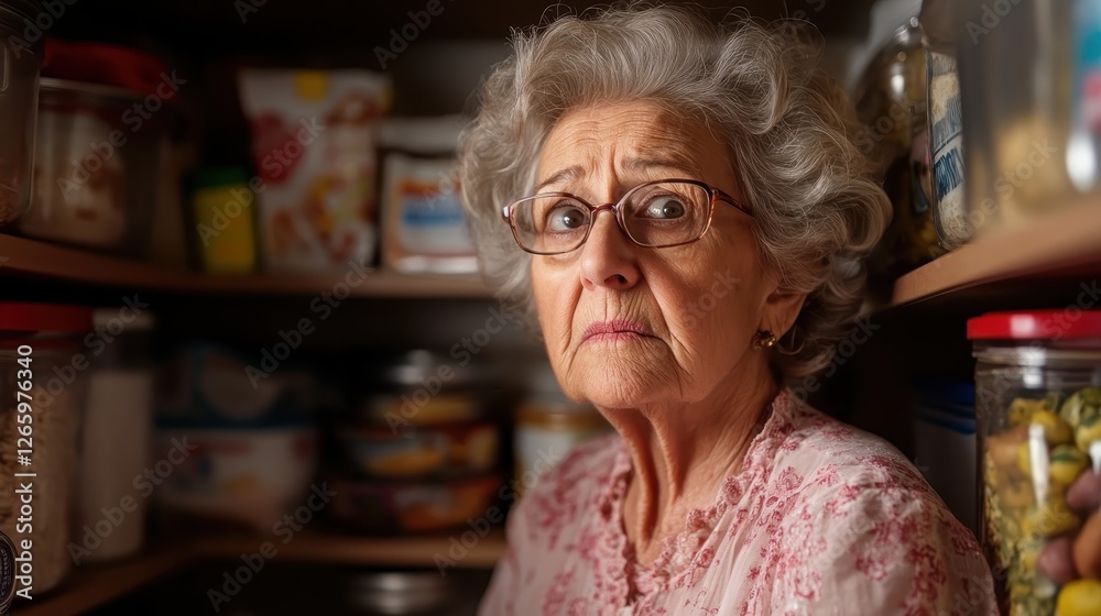 An elderly woman appears surprised and concerned while positioned inside a well-stocked pantry, highlighting emotions of nostalgia and domestic life. An elderly woman appears surprised and concerned while positioned inside a well-stocked pantry, highlighting emotions of nostalgia and domestic life.