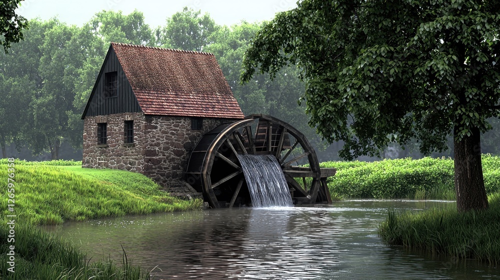Rustic watermill in a misty rural landscape Rustic watermill in a misty rural landscape