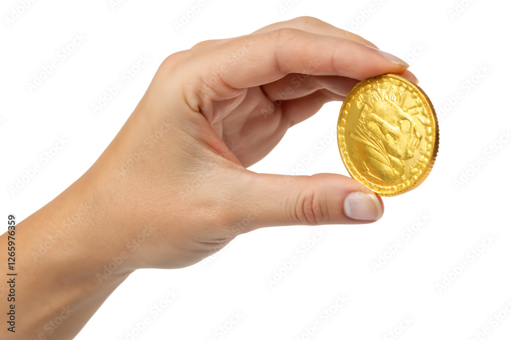 Fototapeta premium Hand Holding a Shiny Gold Coin: Perfect for Financial Concepts, Investment Branding, and Wealth-Themed Design Projects.