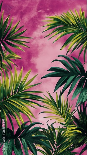 Lush green palm leaves against a vibrant pink background creating a tropical vibe