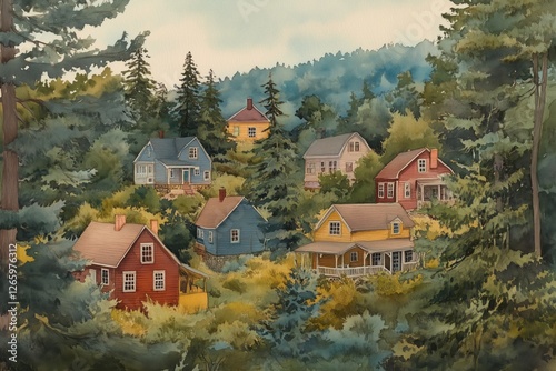 Charming cottages nestled in a tranquil forest setting during a serene afternoon