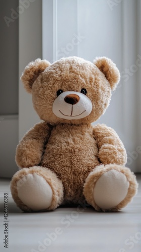 Soft bear sitting on a wooden floor in a cozy indoor setting during the daytime