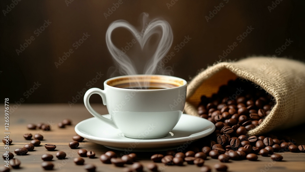 Cup of coffee with heart shape smoke and coffee beans on burlap sack on old wooden background
Cup of coffee with heart shape smoke and coffee beans on burlap sack on old wooden background