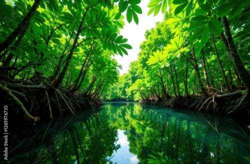 Green mangrove forest canopy. Natural carbon sinks combat climate change. Green and sustainable environment. Green Planet Earth Day or Environment Day concept. Ecology concept. . High quality photo