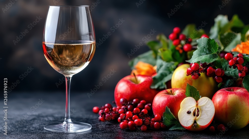 A beautifully arranged scene featuring a glass of white wine, fresh apples, and red berries, capturing the essence of autumn in an inviting way. A beautifully arranged scene featuring a glass of white wine, fresh apples, and red berries, capturing the essence of autumn in an inviting way.