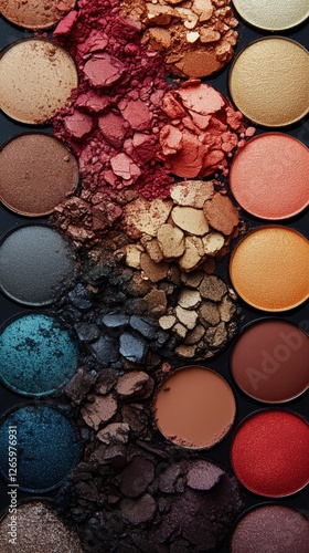 Colorful eyeshadow palette showcasing various shades arranged in an artistic ...