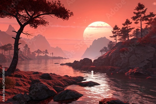 Fantasy Landscape Panorama with Rugged Rocks and Tranquil Water: Perfect for Digital Art, Game Design, and Dreamlike Visual Projects