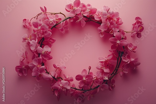 Beautiful pink orchid wreath set against a soft pink background for decorativ...
