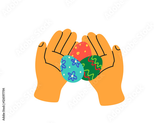 Colorful hands holding several Easter, multicolored eggs. Vector illustration in doodle style, abstract colored figures, Easter greetings
