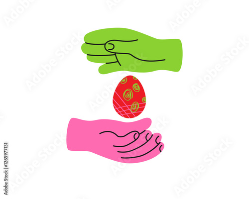 Two Colorful hands surround top and bottom of Easter multicolored egg. Vector illustration in doodle style, abstract colored figures, Easter greetings
