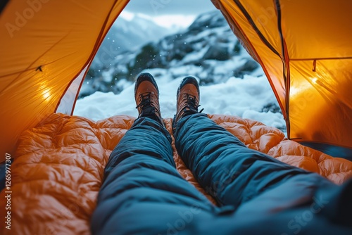 Enjoying a cozy night in a warm tent while snow falls softly outside in a bea...