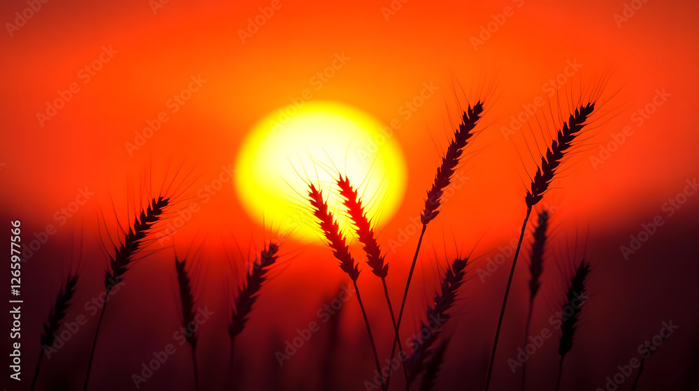 The sun sets behind the wheat field, creating an orange and yellow color scheme
The sun sets behind the wheat field, creating an orange and yellow color scheme