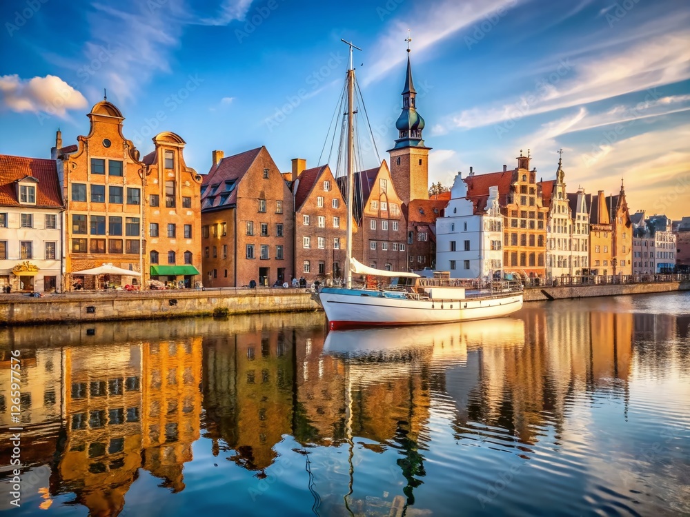 Obraz premium Minimalist Sailboat on Gdansk Motlawa River, Old Town Skyline