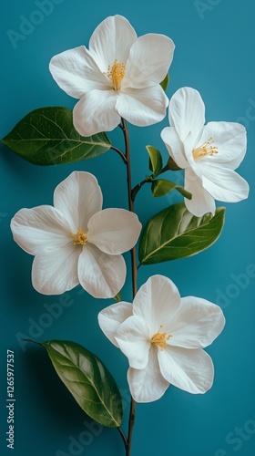 Beautiful white flowers with green leaves against a blue background