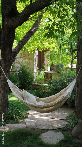 Relaxing afternoon in a serene garden hammock tucked between trees