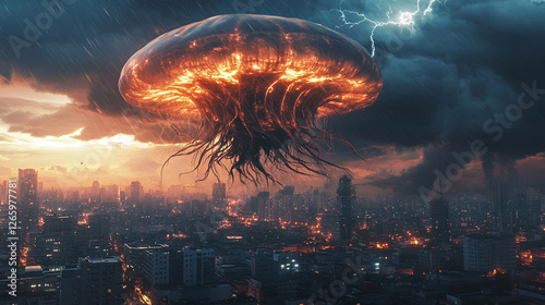 A giant apocalyptic jellyfish is flying over a city during a thunder storm with lightnings in the background. photo