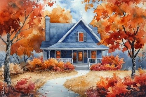 Cozy blue house surrounded by vibrant autumn foliage on a sunny day