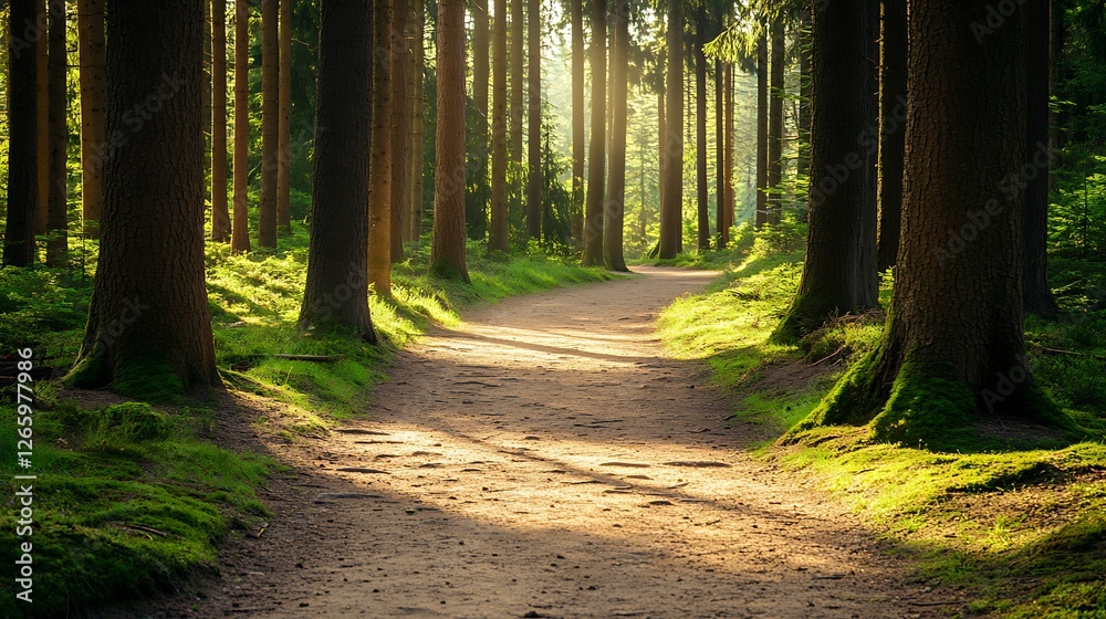 Obraz premium Sunlit Path Winding Through a Lush Green Forest