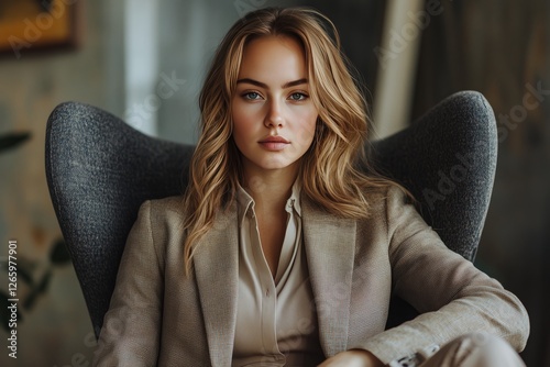 Confident woman in stylish suit seated in modern chair during daylight