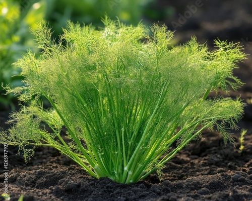 fennel plant blossoming in a garden under the evening sun photo