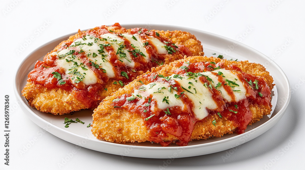 Set of two plates with breaded chicken cutlets topped with marinara sauce and melted cheese, side and top view, food bundle isolated on a white background. Set of two plates with breaded chicken cutlets topped with marinara sauce and melted cheese, side and top view, food bundle isolated on a white background.