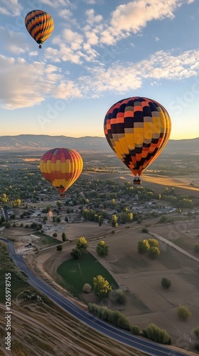 Hot air balloons soar above scenic valley at dawn in autumn