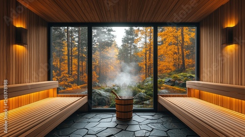 Sauna with nature view. Relaxing in a cabin spa in the forest with fall colors