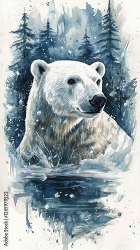 Majestic polar bear in snowy landscape surrounded by tall evergreen trees
