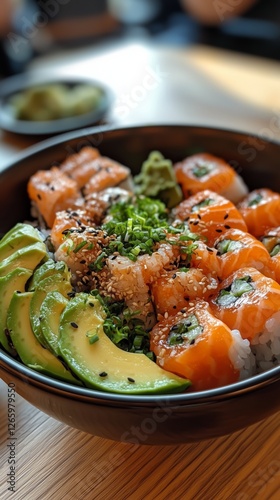 Delicious sushi bowl with salmon, avocado, and fresh toppings served at a cas...