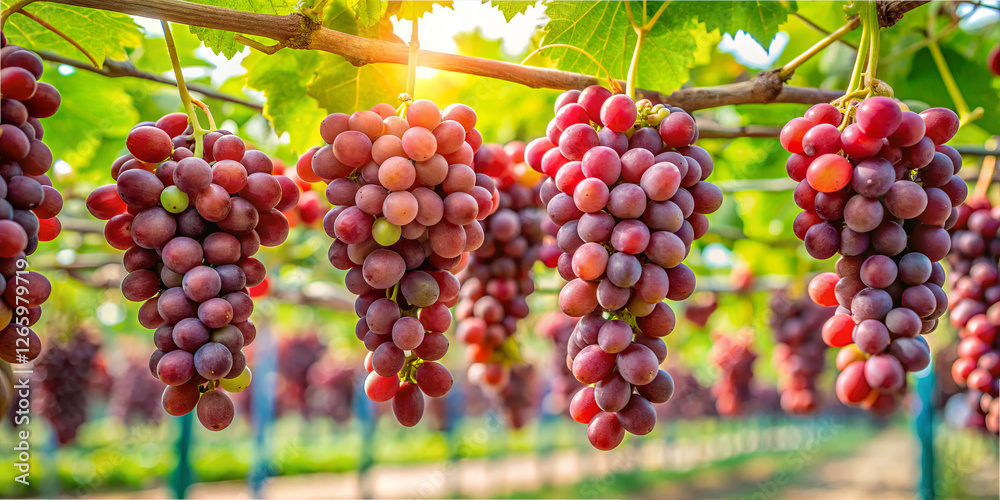 Fototapeta premium Clusters of ripe red grapes dangle from lush green vines in a vibrant vineyard. Sunlight filters through the leaves, creating a warm glow amidst the fruit