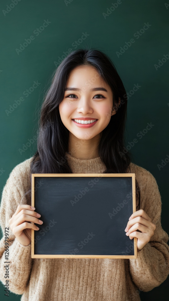 Smiling woman holding blank chalkboard for custom message or design concepts Smiling woman holding blank chalkboard for custom message or design concepts