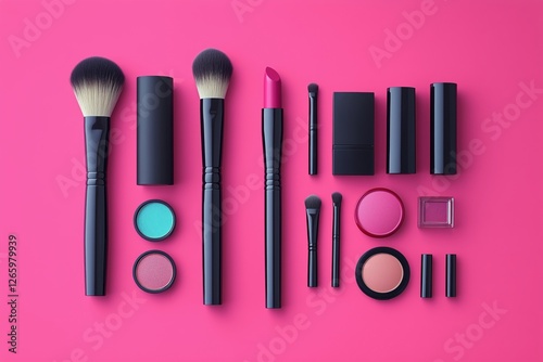 Colorful makeup arrangement on a bright pink background with various cosmetic...
